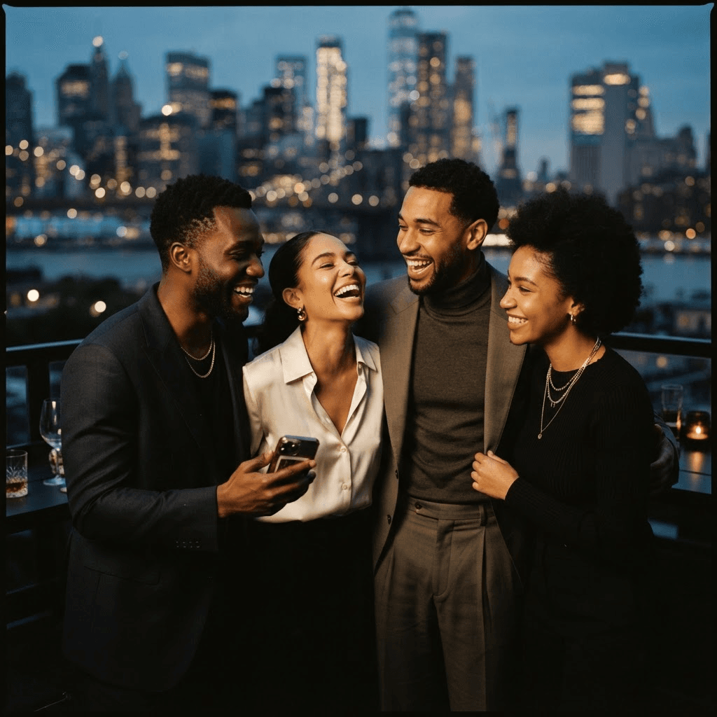 A group of friends connecting warmly against a city skyline at dusk